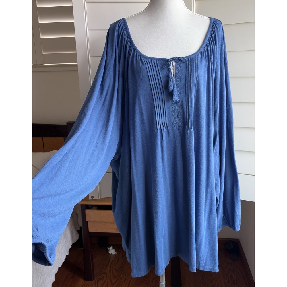 Woman Within 5X 38 40 Blue Boho Peasant Tunic Blouse Pintuck Tassel Plus Shirt